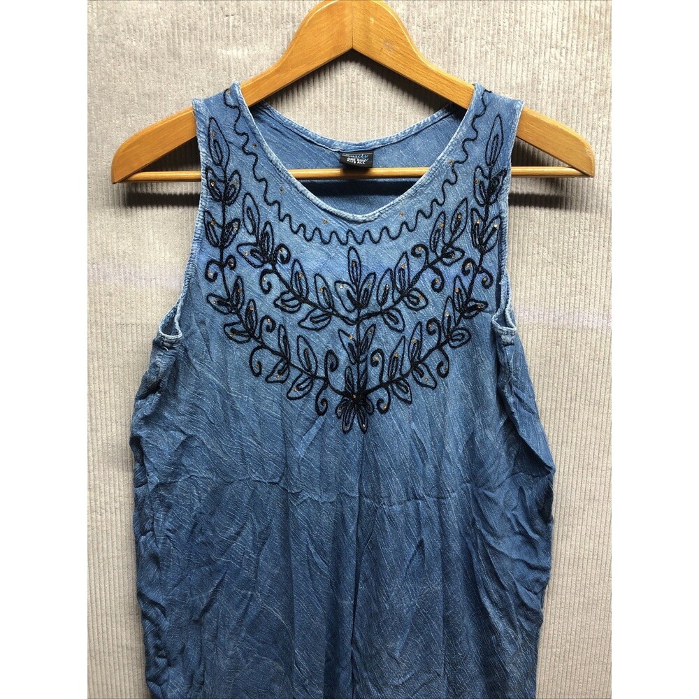 Emily Stacy Dress One Size Blue Chambray Embroidered Sleeveless